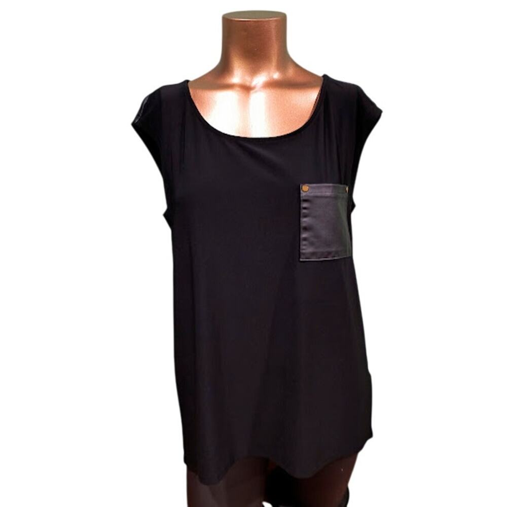 White House Black Market Cap Sleeve Hi-Lo Tunic with Faux Leather, Black, Sz L